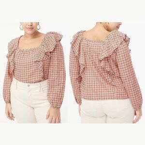 J‎ Crew Women Flannel Squareneck Ruffle Cotton Top